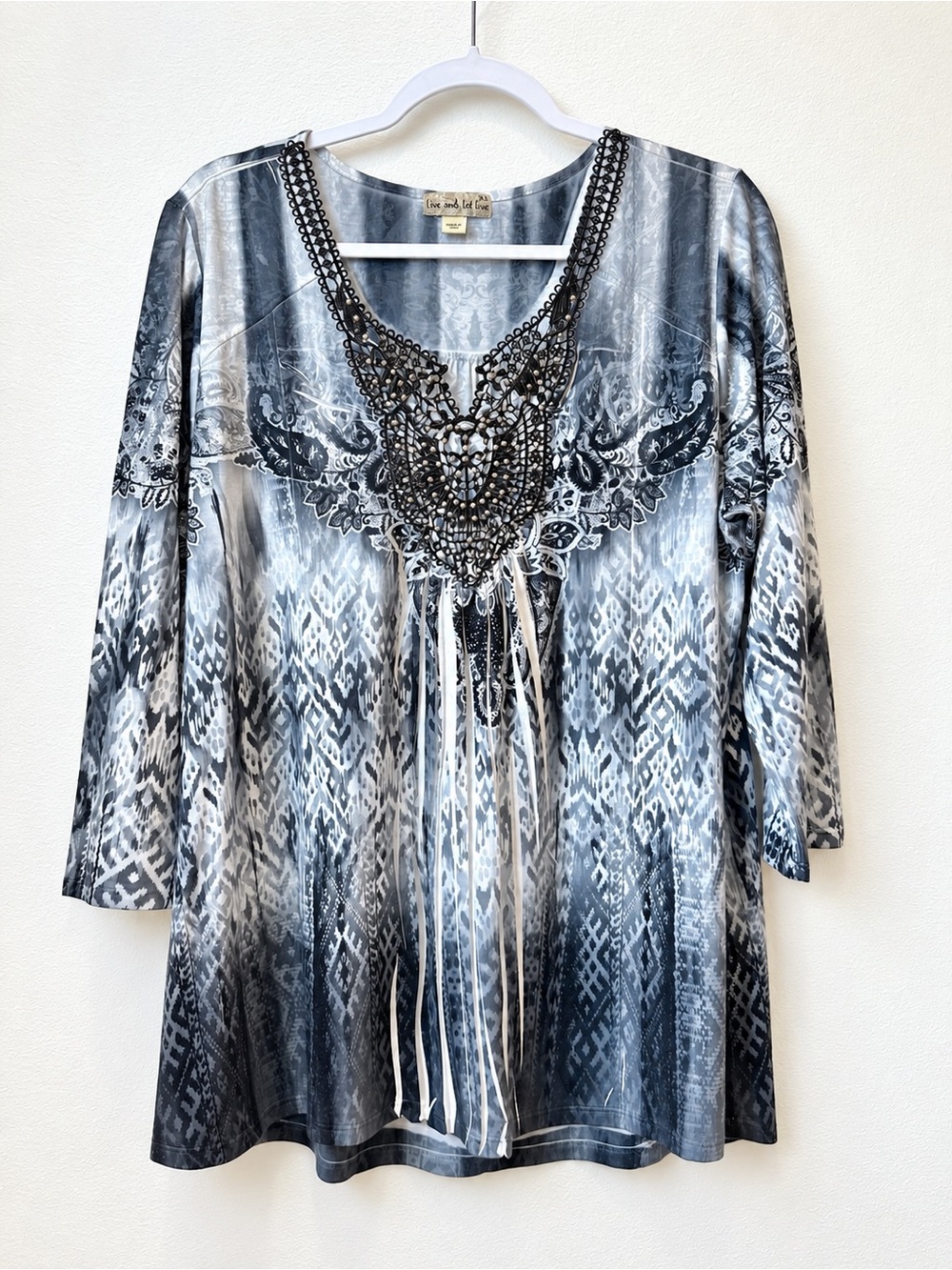 Live and Let Live XL Embellished Lace Boho Tunic Top Gray Black Printed